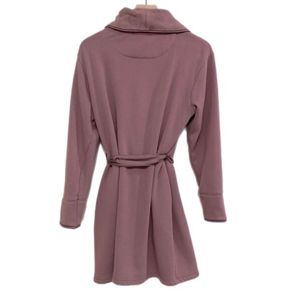 TAHARI ROBE DUSTER WOMENS MEDIUM MAUVE LONGLINE POCKETS SATIN BELT FLEECE. - Picture 2 of 15